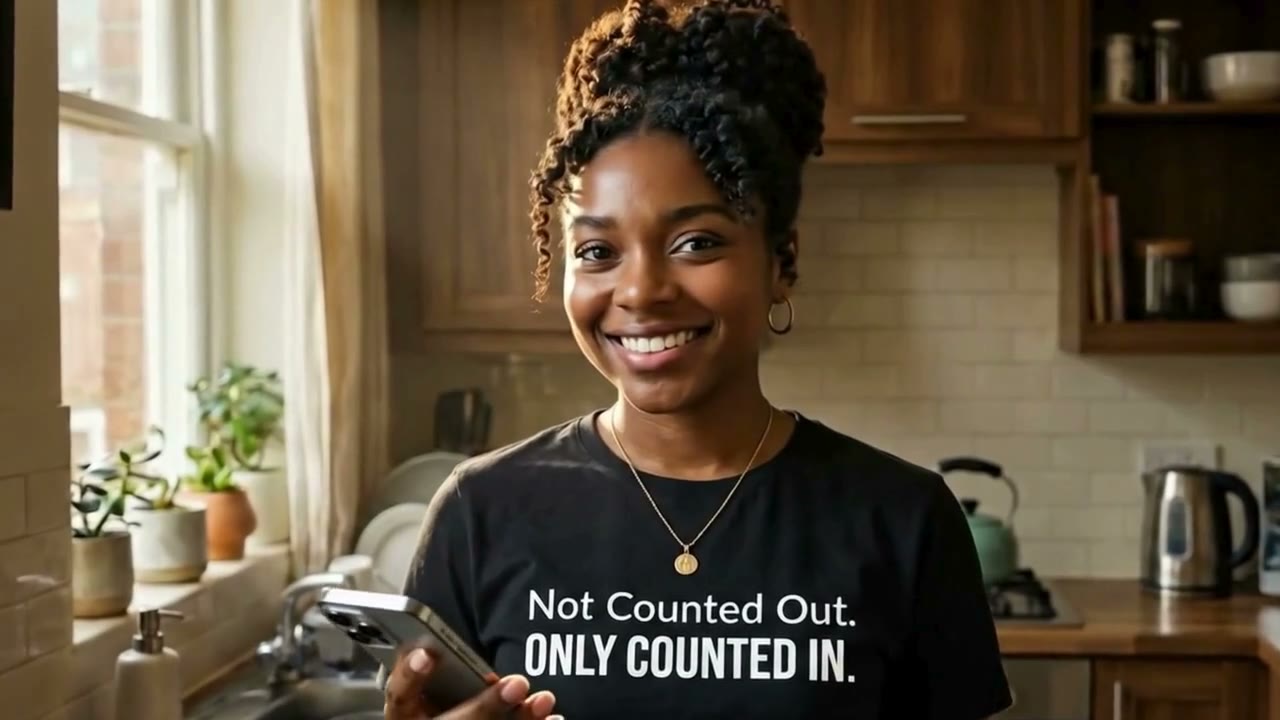 A Signer, in her kitchen, holding her phone with her Teenth Score on the screen